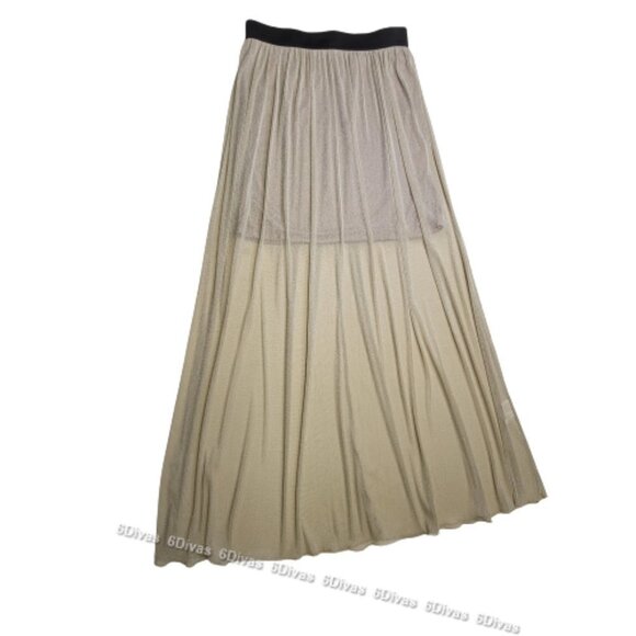 SHIMMERING elastic waist flare pleated long beige sheer skirt size L - Picture 5 of 11